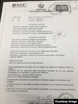 Acta de matrimonio de Yoelvis Gatorno y Yarisleidy C. Rodriguez.